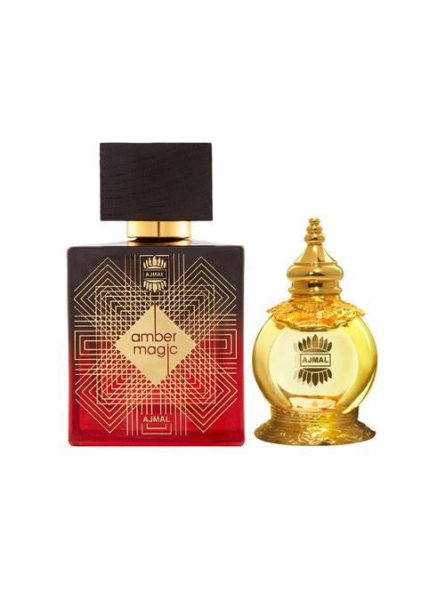 ajmal amber magic edp 100ml for men and mukhallat al wafa cp musky alcohol-free attar 12ml for unisex + 2 parfum testers free - 17135445 - Very Small Image - 1