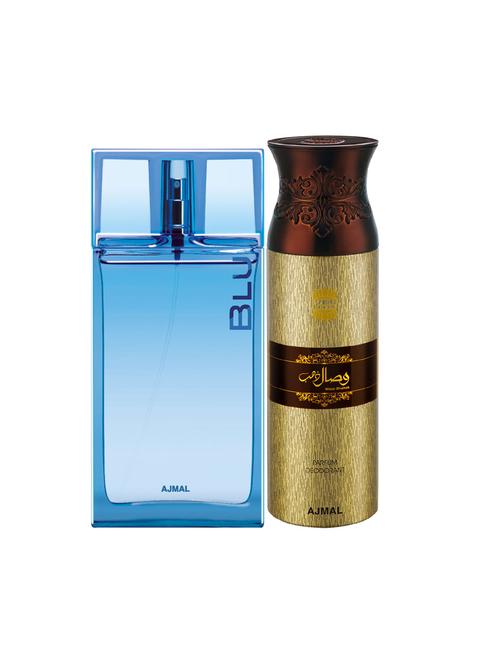 ajmal blu edp aquatic woody perfume 90ml for men and wisal dhahab deodorant 200ml for men+ 2 parfum testers free - 17137698 - Very Small Image - 1