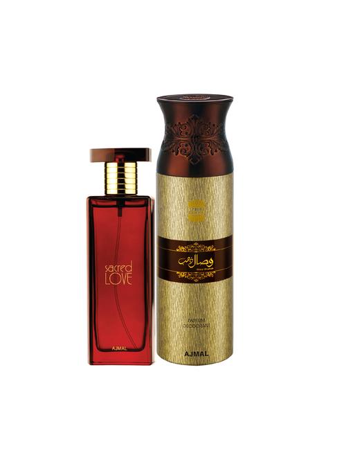 ajmal sacred love edp musky perfume 50ml for women and wisal dhahab deodorant 200ml for men+ 2 parfum testers free - 17137703 - Very Small Image - 1