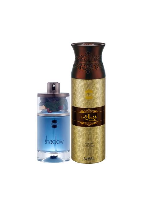 ajmal shadow him edp spicy woody perfume 75ml for men and wisal dhahab deodorant 200ml for men+ 2 parfum testers free - 17137723 - Very Small Image - 1