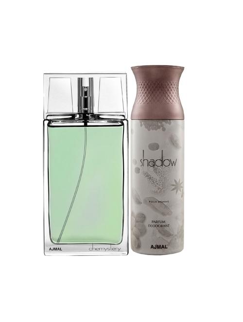 ajmal chemystery edp spicy woody perfume 90ml for men and shadow homme deodorant woody 200ml for men+ 2 parfum testers free - 17137742 - Very Small Image - 1