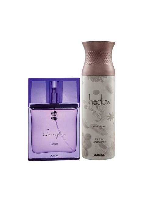 ajmal sacrifice for her edp musky 50ml for women and shadow homme deodorant 200ml for men+ 2 parfum testers free - 17137753 - Very Small Image - 1