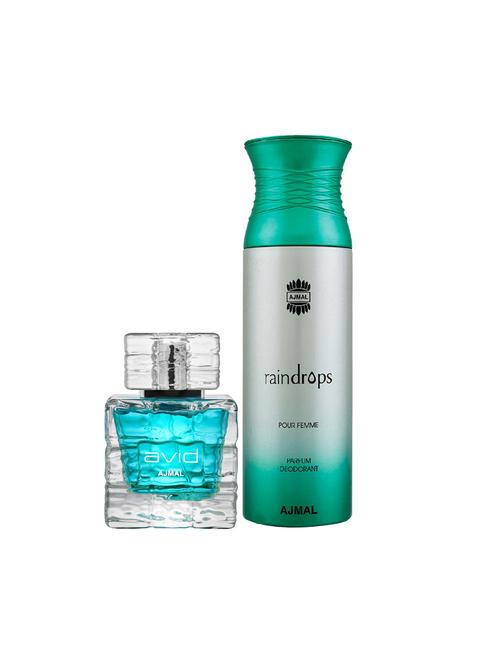 ajmal avid edp aquatic woody perfume 75ml for men and raindrops femme deodorant chypre 200ml for women+ 2 parfum testers free - 17137769 - Very Small Image - 1