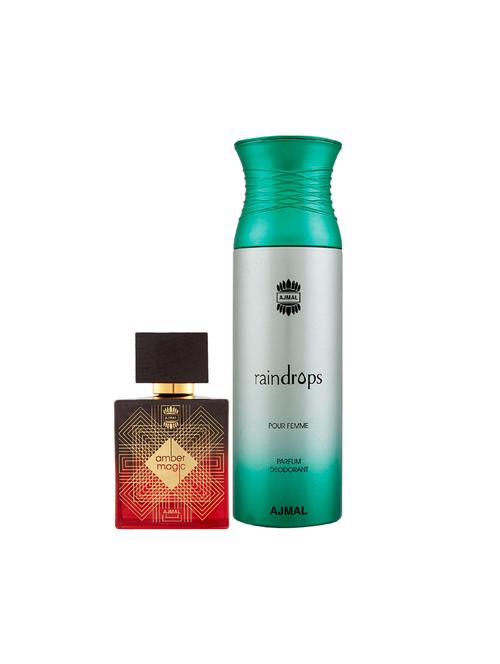 ajmal amber magic edp spicy aromatic 100ml for men and raindrops femme deodorant 200ml for women+ 2 parfum testers free - 17137771 - Very Small Image - 1