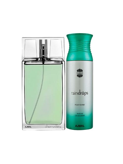 ajmal chemystery edp spicy woody perfume 90ml for men and raindrops femme deodorant 200ml for women+ 2 parfum testers free - 17137773 - Very Small Image - 1