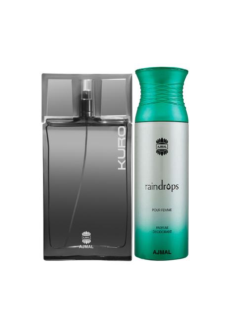 ajmal kuro edp aromatic spicy perfume 90ml for men and raindrops femme deodorant 200ml for women+ 2 parfum testers free - 17137776 - Very Small Image - 1
