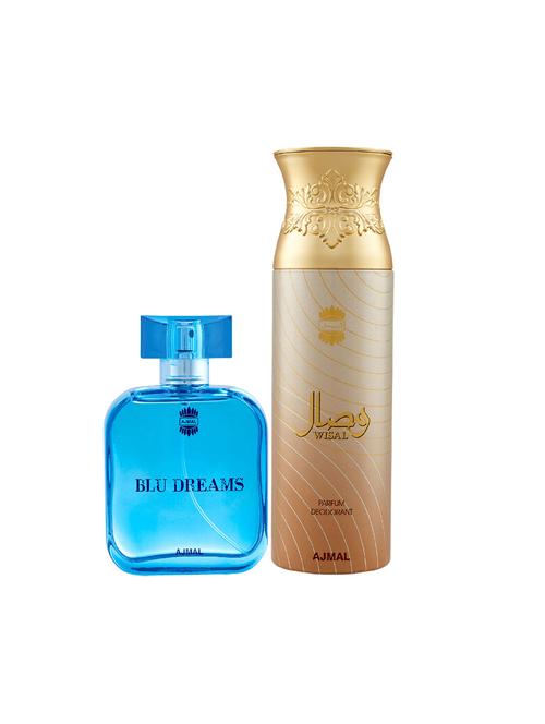 ajmal blu dreams edp citurs perfume 100ml for men and wisal deodorant musky 200ml for women+ 2 parfum testers free - 17137790 - Very Small Image - 1