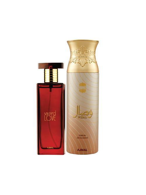 ajmal sacred love edp musky perfume 50ml for women and wisal deodorant musky 200ml for women+ 2 parfum testers free - 17137796 - Very Small Image - 1