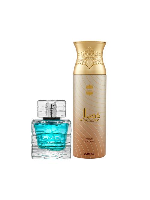 ajmal avid edp aquatic woody perfume 75ml for men and wisal deodorant musky 200ml for women+ 2 parfum testers free - 17137800 - Very Small Image - 1