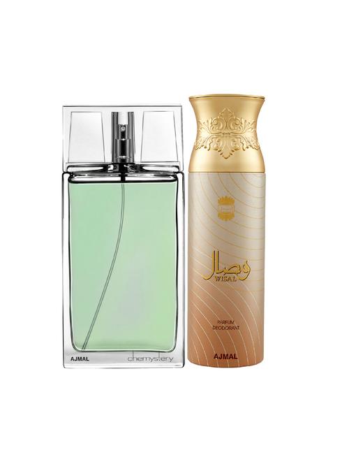 ajmal chemystery edp spicy woody perfume 90ml for men and wisal deodorant musky 200ml for women+ 2 parfum testers free - 17137804 - Very Small Image - 1