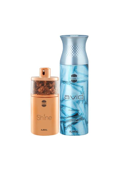 ajmal shine edp powdery perfume 75ml for women and avid homme deodorant aquatic woody 200ml for men+ 2 parfum testers free - 17137848 - Very Small Image - 1