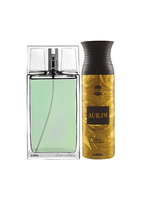 ajmal chemystery edp spicy woody perfume 90ml for men and aurum femme deodorant 200ml for women+ 2 parfum testers free - 17137866 - Very Small Image - 1