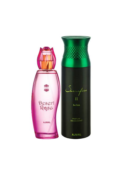 ajmal desert rose edp oriental 100ml for women and sacrifice ii for him deodorant 200ml for men+ 2 parfum testers free - 17137898 - Very Small Image - 1