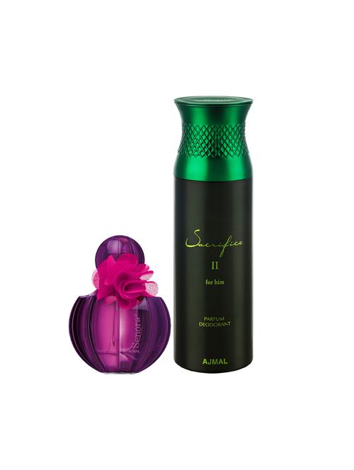 ajmal senora edp spicy 75ml for women and sacrifice ii for him deodorant aromatic 200ml for men+ 2 parfum testers free - 17137902 - Very Small Image - 1
