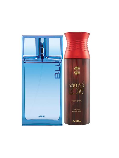 ajmal blu edp aquatic woody perfume 90ml for men and sacred love deodorant musky 200ml for women+ 2 parfum testers free - 17137915 - Very Small Image - 1