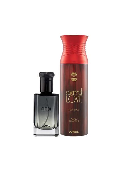 ajmal carbon edp spicy perfume 100ml for men and sacred love deodorant musky 200ml for women+ 2 parfum testers free - 17137917 - Very Small Image - 1