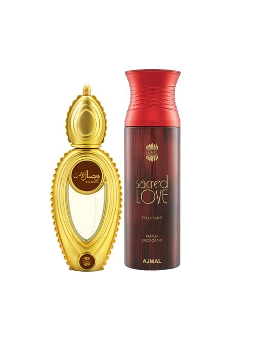 ajmal wisal dhahab edp perfume 50ml for men and sacred love deodorant musky 200ml for women+ 2 parfum testers free - 17137923 - Very Small Image - 1