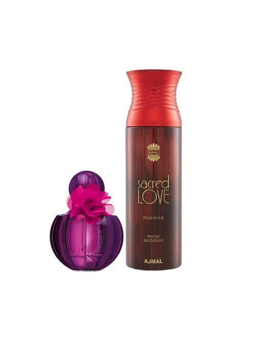 ajmal senora edp spicy perfume 75ml for women and sacred love deodorant musky 200ml for women+ 2 parfum testers free - 17137933 - Very Small Image - 1
