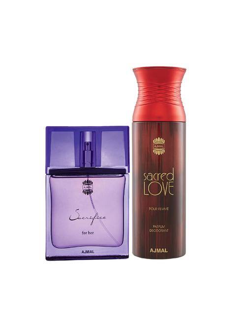 ajmal sacrifice for her edp musky 50ml for women and sacred love deodorant musky 200ml for women+ 2 parfum testers free - 17137939 - Very Small Image - 1