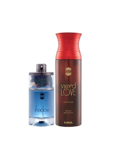 ajmal shadow him edp spicy woody perfume 75ml for men and sacred love deodorant musky 200ml for women+ 2 parfum testers free - 17137940 - Very Small Image - 1