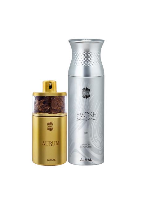 ajmal aurum edp perfume 75ml for women and evoke silver edition him deodorant spicy 200ml for men + 2 parfum testers free - 17137944 - Very Small Image - 1