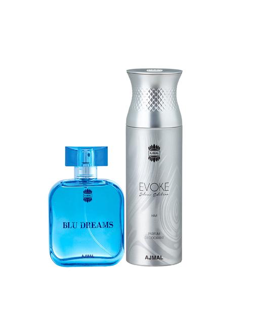 ajmal blu dreams edp citurs 100ml for men and evoke silver edition him deodorant spicy 200ml for men+ 2 parfum testers free - 17137945 - Very Small Image - 1