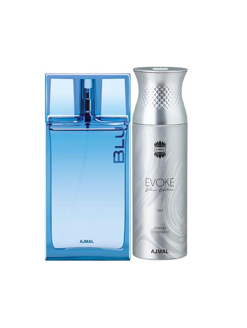 ajmal blu edp 90ml for men and evoke silver edition him deodorant spicy 200ml for men+ 2 parfum testers free - 17137946 - Very Small Image - 1