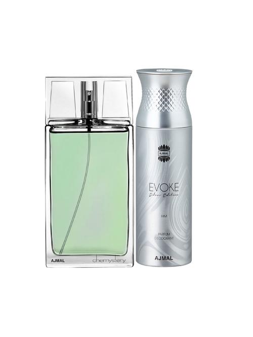 ajmal chemystery edp spicy 90ml for men and evoke silver edition him deodorant spicy 200ml for men+ 2 parfum testers free - 17137959 - Very Small Image - 1