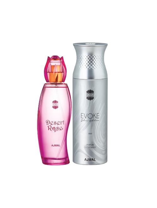 ajmal desert rose edp oriental 100ml for women and evoke silver edition him deodorant 200ml for men+ 2 parfum testers free - 17137960 - Very Small Image - 1