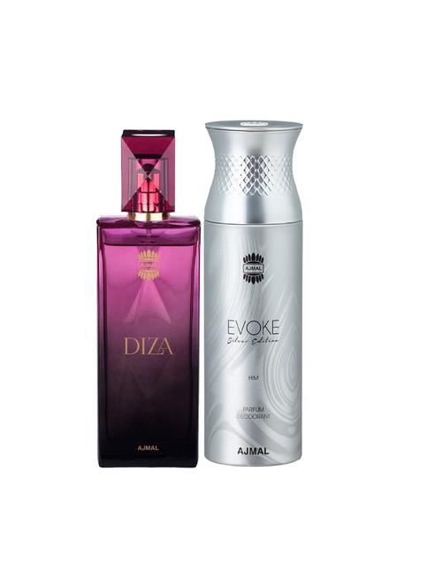 ajmal diza edp perfume 100ml for women and evoke silver edition him deodorant spicy 200ml for men+ 2 parfum testers free - 17137961 - Very Small Image - 1
