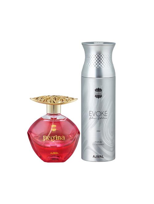 ajmal regina edp perfume 100ml for women and evoke silver edition him deodorant spicy 200ml for men+ 2 parfum testers free - 17137963 - Very Small Image - 1