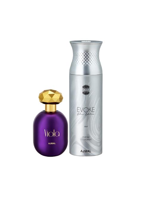 ajmal viola edp perfume 75ml for women and evoke silver edition him deodorant spicy 200ml for men+ 2 parfum testers free - 17137965 - Very Small Image - 1
