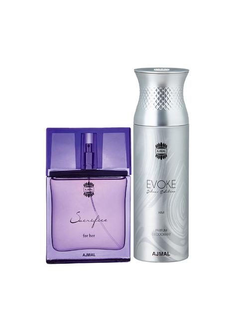 ajmal sacrifice for her edp musky 50ml for women and evoke silver edition him deodorant 200ml for men+ 2 parfum testers free - 17137970 - Very Small Image - 1