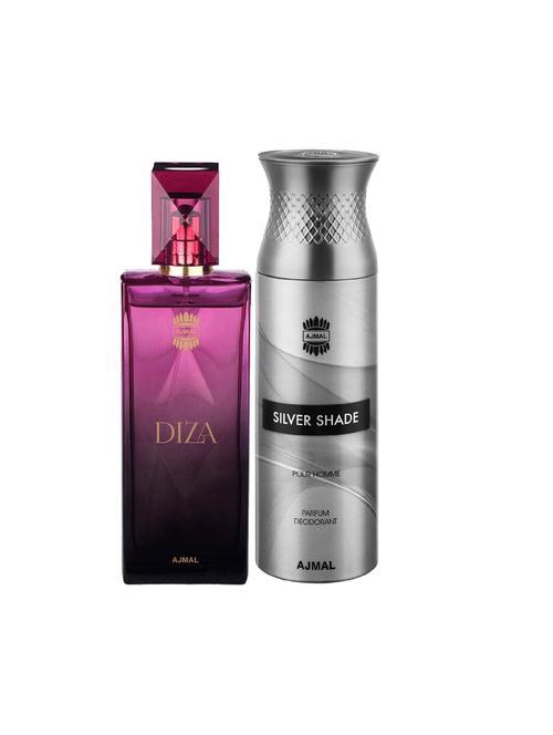 ajmal diza edp perfume 100ml for women and silver shade homme deodorant woody 200ml for men+ 2 parfum testers free - 17137992 - Very Small Image - 1