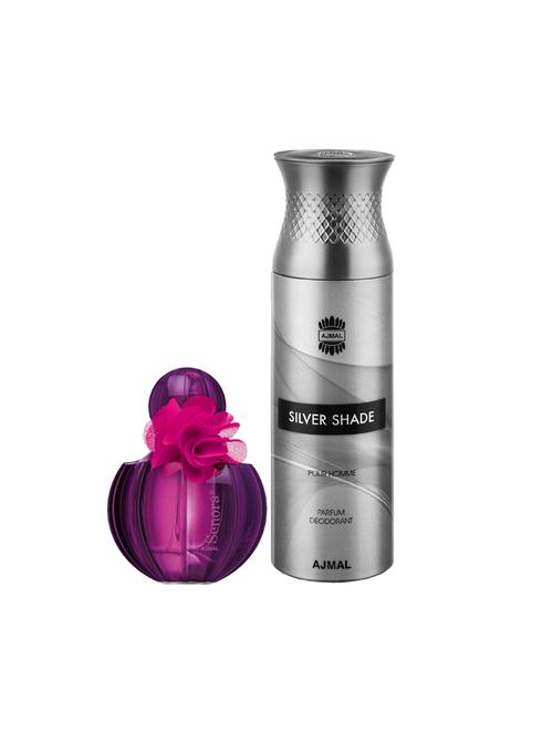 ajmal senora edp spicy perfume 75ml for women and silver shade homme deodorant woody 200ml for men+ 2 parfum testers free - 17137995 - Very Small Image - 1