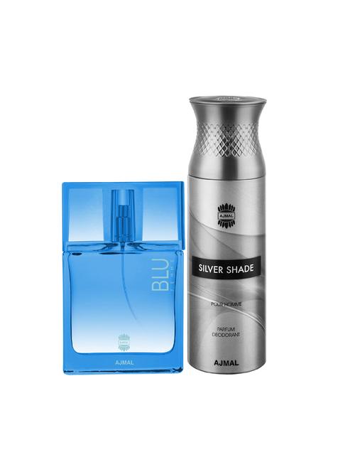 ajmal blu femme edp woody perfume 50ml for women and silver shade homme deodorant woody 200ml for men+ 2 parfum testers free - 17138000 - Very Small Image - 1