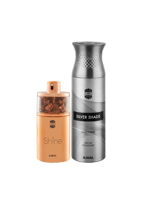 ajmal shine edp powdery perfume 75ml for women and silver shade homme deodorant woody 200ml for men+ 2 parfum testers free - 17138003 - Very Small Image - 1