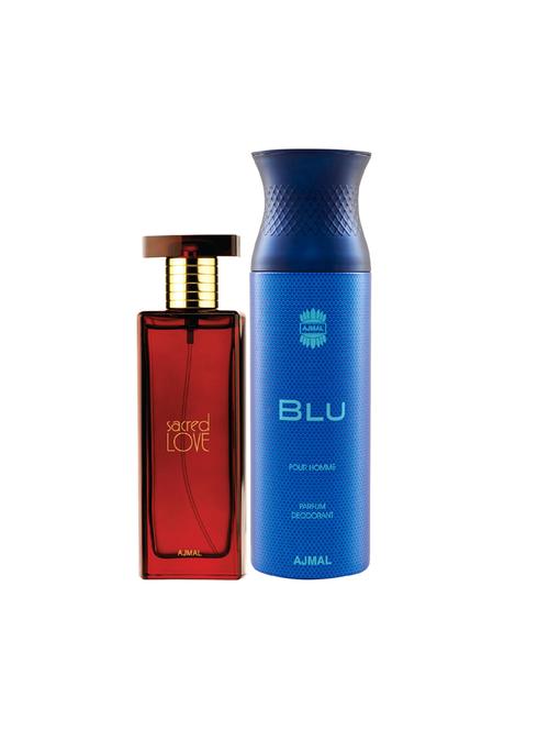 ajmal sacred love edp musky perfume 50ml for women and blu homme deodorant aquatic woody 200ml for men+ 2 parfum testers free - 17138013 - Very Small Image - 1