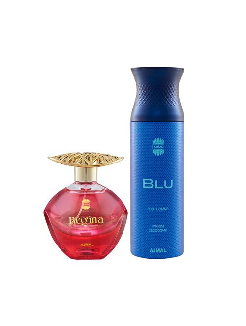 ajmal regina edp perfume 100ml for women and blu homme deodorant aquatic woody 200ml for men+ 2 parfum testers free - 17138025 - Very Small Image - 1