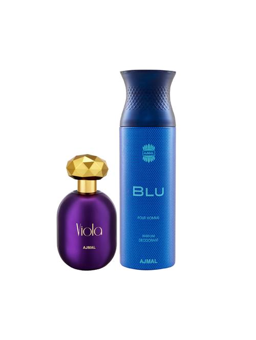 ajmal viola edp perfume 75ml for women and blu homme deodorant aquatic woody 200ml for men+ 2 parfum testers free - 17138027 - Very Small Image - 1