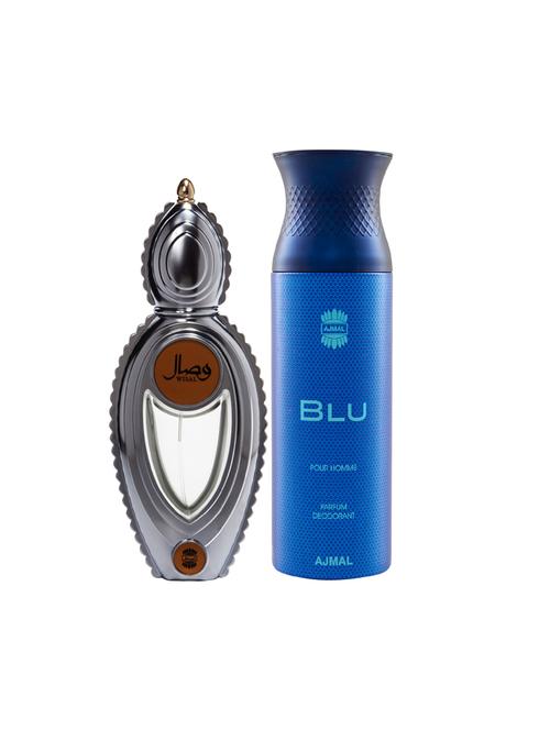 ajmal wisal edp musky perfume 50ml for women and blu homme deodorant aquatic woody 200ml for men+ 2 parfum testers free - 17138028 - Very Small Image - 1