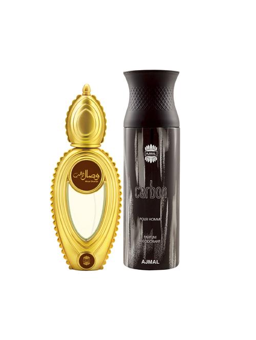ajmal wisal dhahab edp perfume 50ml for men and carbon homme deodorant spicy 200ml for men+ 2 parfum testers free - 17138047 - Very Small Image - 1