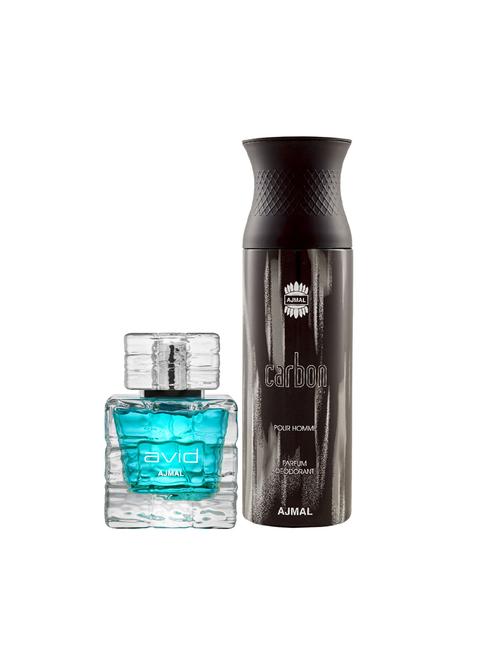 ajmal avid edp aquatic woody perfume 75ml for men and carbon homme deodorant spicy 200ml for men+ 2 parfum testers free - 17138048 - Very Small Image - 1