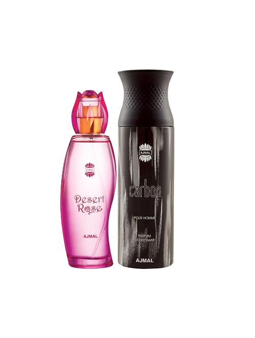ajmal desert rose edp oriental perfume 100ml for women and carbon homme deodorant spicy 200ml for men+ 2 parfum testers free - 17138053 - Very Small Image - 1