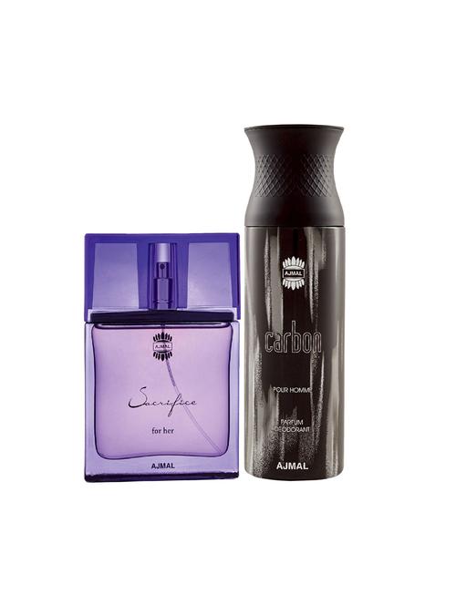 ajmal sacrifice for her edp musky 50ml for women and carbon homme deodorant spicy 200ml for men+ 2 parfum testers free - 17138063 - Very Small Image - 1