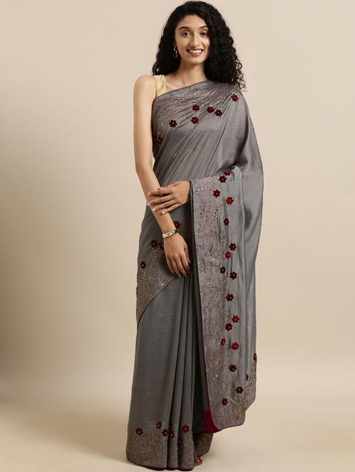 embellished solid saree with blouse - 17140849 - Very Small Image - 1