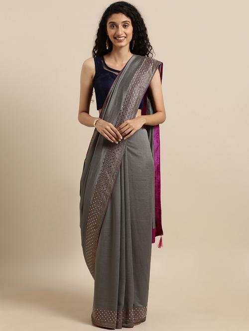 embellished solid saree with blouse - 17140870 - Very Small Image - 1