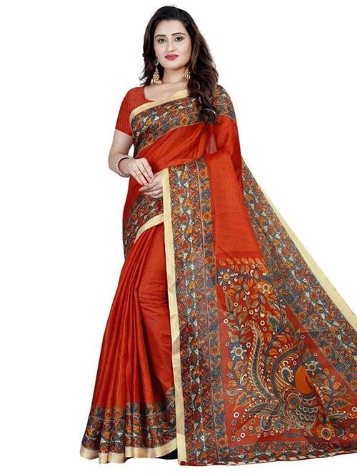 women's kalamkari rust colored saree with blouse - 17144084 - Very Small Image - 1