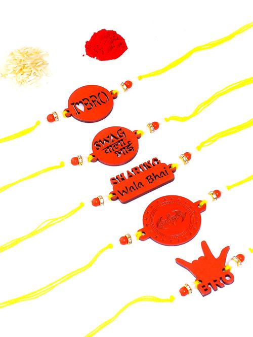 red color wooden rakhi with roli chawal (set of 5) - 17145535 - Very Small Image - 1