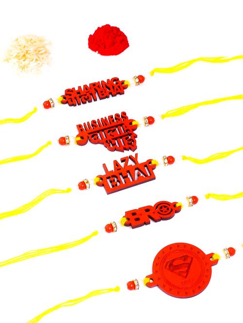 red color wooden rakhi with roli chawal (set of 5) - 17145539 - Very Small Image - 1